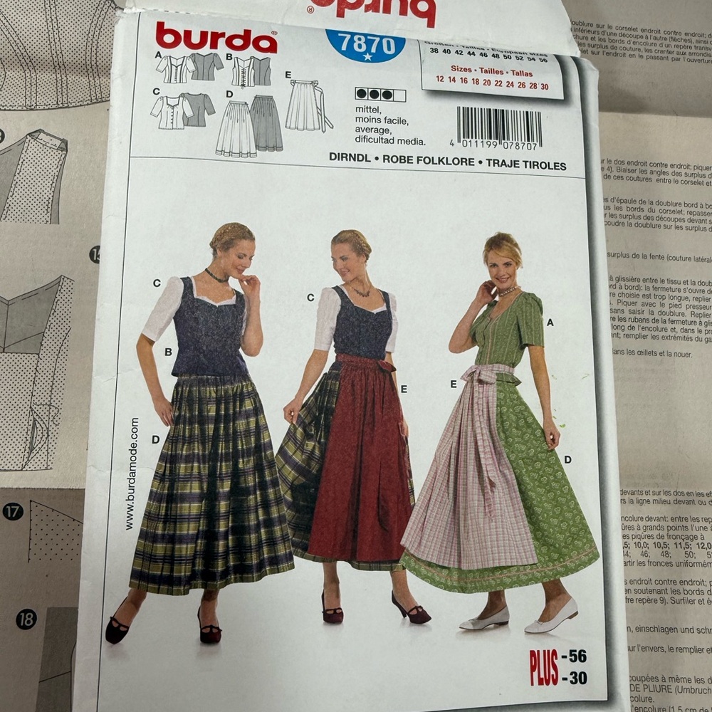 Burda 7870 Dirndl, Apron, & Skirt Folklore Pattern Sizes 12-30 uncut